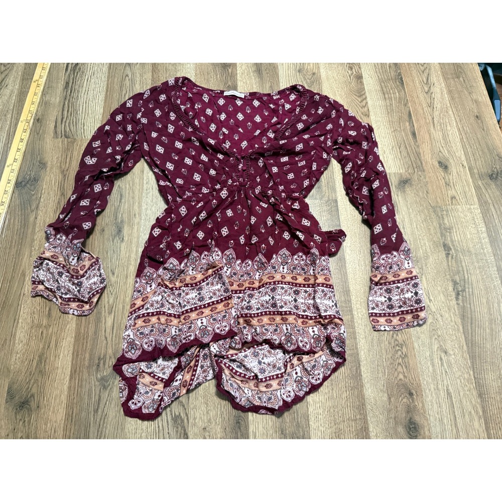 Dainty Hooligan Romper Womens Size Small Burgundy Long Sleeve Boho Floral Print